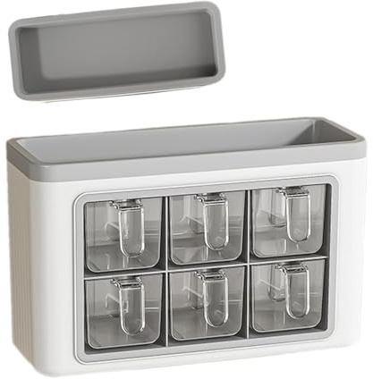 Salero de pared para el hogar, tarro de especias para la cocina, maletín del hogar, sin taladrar, estante transparente con 6 compartimentos para el hogar, cocina, hotel, cafetería