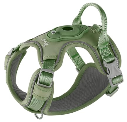TSPRO Hundegeschirr mit AirTag Halter, Verstellbarer Brustgürtel für Kleine Hunde, mit Komfortablem Griff, Langlebig und Reflektierend für Spaziergänge, Joggen, Training (Grün Größe 2)