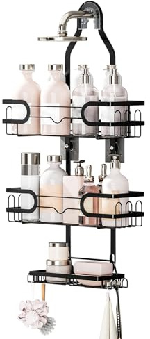 Duschablage zum Hängen, Duschregal Edelstahl mit Haken und Seifenhalter, 3 Stufiger Duschregal Hängend Ohne Bohren, Duschkorb zum Hängen für Badekugeln, Handtuch, Badebürste, Shampoo