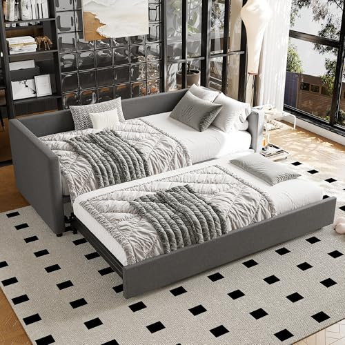 Merax Daybed with Pull Out Trundle Bed, Single Upholstered Sofa Bed, with pull handle, Sturdy bed slats, for Living Room and Bedroom, Linen+Grey /90x190cm(No Mattress)