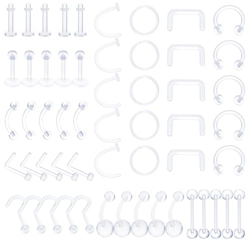 55 Stück Klare Acryl Piercing Retainers für Nase Zunge Brustwarze Nippel Bauch Lippen Labret Septum Hoops Ohr Knorpel, Plastik Piercing Platzhalter Schmuck für OP