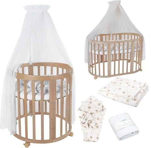waldin Cuna Ovalada 7en1, Colchón y Ruedas, con Estante, Madera Natural | Textiles Diente de león Blanco, de Crecimiento, Cama para Bebé, Colecho de Madera, Evolutiva, Mecedora Opcional