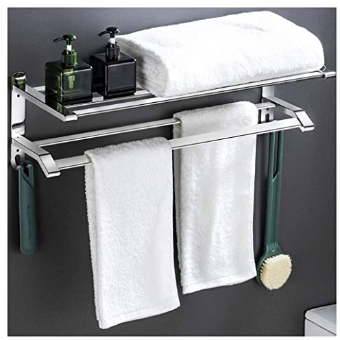 Edelstahl-Handtuchhalter mit Ablage, Wandmontage, Handtuchstange und Haken, Badezimmer-Handtuchhalter und Organizer mit gebürsteter Oberfläche (Silber, 60 cm)