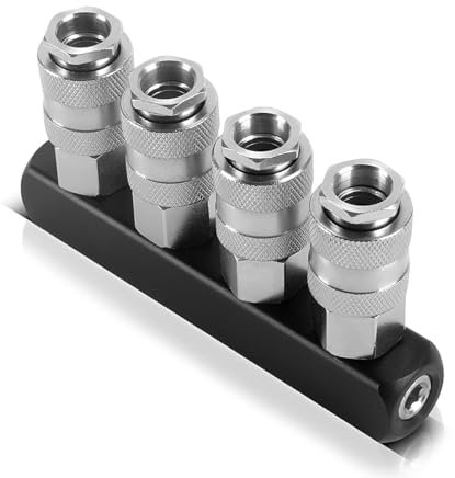 STAHLWERK 4-fach Druckluft-Verteiler 2er Set – Pneumatik-Verteiler bis 35 bar, 4 Schnellkupplungen NW 7,2 & 1/4 Anschlussgewinde, aus Aluminium & Messing, robustes Zubehör für Druckluft-Kompressoren