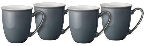 Denby - Elements Fossil Grey Large Coffee Mug Set of 4-11.15 Ounce Stoneware Tea Cup Mug Set For Office & Home - Dishwasher Safe - Ceramic Tea Cups With Dark Gray & White Glaze, Chip Resistant