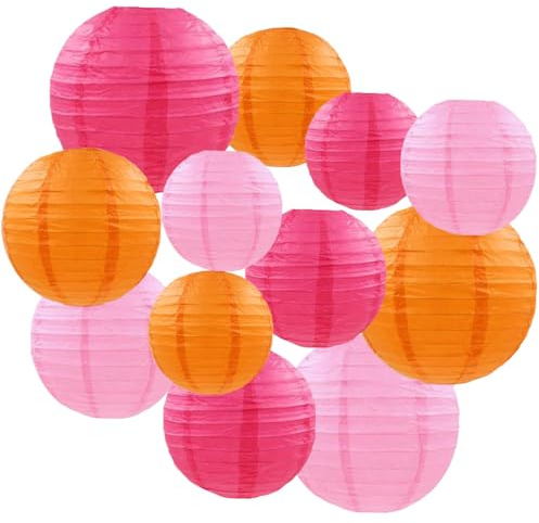 12pcs Hot Pink and Orange Paper Lanterns - Round Ceiling Hanging Paper Lampshades,for Birthday, Baby Shower, Wedding, Party Decorations (4, 6, 8, 10)