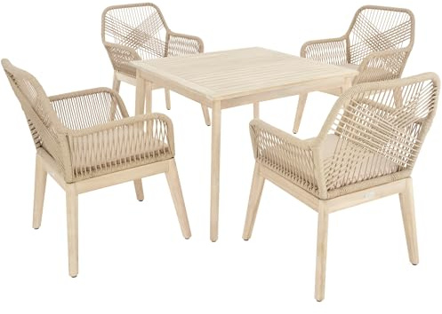 di volio Gartenmöbel-Set 4 Sessel Akazienholz Esstisch Outdoor Tarato | Aluminiumrahmen, FSC-Akazienholz, PP-Seilgeflecht, 5 cm Komfortkissen, UV-beständig, wetterbeständig, Nivellierfüße