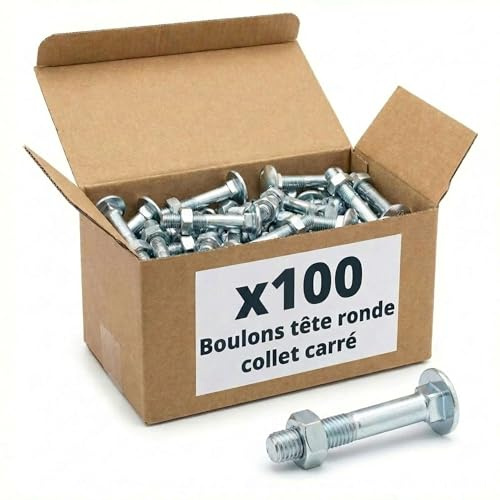 100 Boulons tête ronde collet carré DIN603/555 acier zingués blanc diamètre 7,0 mm - Longueur 60 mm mm - Diamètre 7 mm