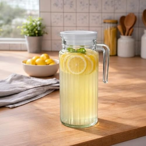 Jarra de Cristal con Tapa Blanca 1L – Set 12 Unidades – Jarras Elegantes y Resistentes – Perfectas para Agua y Otras Bebidas