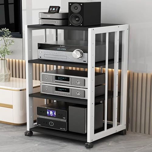 Hifi Rack Abschließbar Mit 360-Grad-Schwenkrädern，Medienschrank Mit Verstellbaren Ablagen，HiFi-Audioschrank Regale，Stereo Komponenten-Rack，HiFi Rack Aus Holz，für Zuhause/Wohnzimmer(Black,4tier-50X40X8