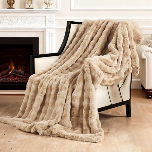 SAPHREAS Kuscheldecke Flauschige 150x200, Furry Bubble Kunstpelz Decke Oeko-Tex Zertifiziert Dicke & Warme Sofadecke für Bett Couch Schlafzimmer Deko Plüschdecke Khaki