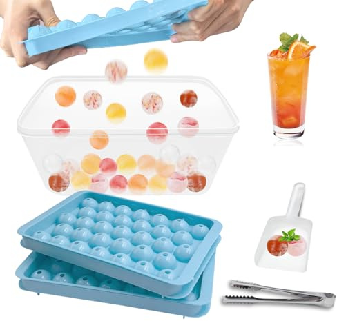 Janety Bac à Glaçons Avec Couvercle, 3 x 33 mini bacs à glaçons ronds, moules à glaçons avec bac à glaçons et pince à glaçons, sans BPA, les cocktails, le whisky, les jus de fruits - Bleu