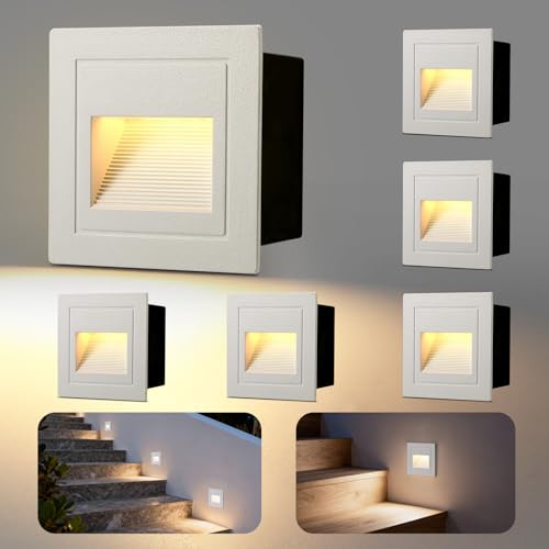 VivaLet 6 Pièces LED Escalier Intérieure 3W 300LM, Eclairage Escalier Exterieur 230V 3000K, Boîtes Encastrable 68mm, 85 X 85mm, IP65 Applique Murale LED Encastrée Aluminium Blanc