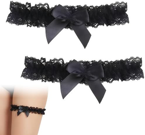 Lace Wedding Garter for Bride, 2PCS Black Garter Belt with Bowknot, Bridal Accessory for Hen Party Night Do, Adjustable Elastic Belt for Weddings and Parties