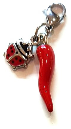 Mavi jewel Ciondolo Portafortuna con Corno Rosso e Charm in Acciaio, Unisex, Collezione Napoli, 3 cm (Coccinella)