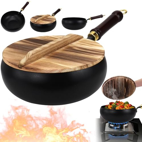 LYCN Carbon Steel Wok Pan, Uncoated, with Wooden Lid and Handle, 24cm | Nonstick Japanese Iron Pan, Flat Bottom Wok Stir Fry Pans, for Gas Induction Cookers All Stoves