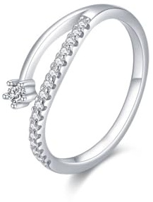 Ayoiow Einfacher Stern Hochzeit Ringe Echt Gold für Damen mit 0.1ct Diamant, Verlobungsringe Vorsteckring, 9 Karat Weißgold Größe 47 (15.0)