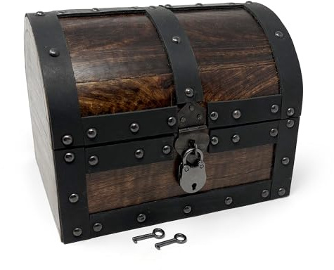 Nautical Cove Handmade Wooden Treasure Chest Storage Box – Deluxe Design with Real Leather Accents, Working Iron Lock & Skeleton Keys, Decorative Keepsake Chest (Small - 8 × 6 × 6)