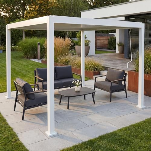 Mendler Pergola HWC-P65 10cm-Aluminium-Gestell 3x3m - weiß | Terrassenüberdachung, Gartenpavillon, Lamellen-Pavillon