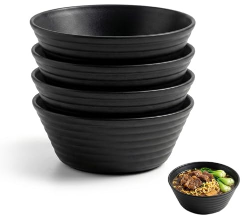 Lot de 4 bols incassables - 20 cm - Noir - 1200 ml - Grands bols en plastique - Saladier, soupe et céréales - Sans BPA - Passe au micro-ondes et au lave-vaisselle - Robuste pour enfants et adultes