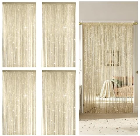 BOUFEIDA 2 Piezas Cortinas de Flecos Hilos, Cortina Flecos Puerta, Fly Screen Door Chain Curtain, Panel de Cortina de Cuerdas para Cortar, Casarse, Café, Dormito (Champán)