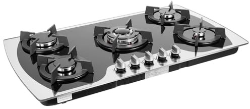 Mesa de cocción a gas, placa de cocción de gas a 5 quemadores, empotrable de 5 fuegos, vidrio templado de 7 mm, encendido electrónico, soportes desmontables,cocina hogar restaurante familia