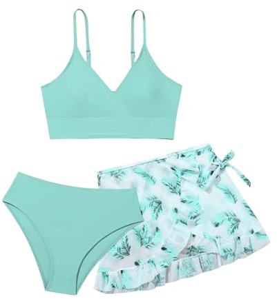 Generico Costumi da Bagno Ragazza Set da 3 Pezzi Bikini A Triangolo Top a Collo Appeso con Frange con Sarong Stampato e Slip Mare per Spiaggia Mare Nuoto Surf Vacanze Estive Piscina 7-18 Anni