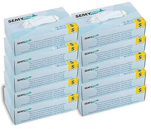 Semy Care AQL 1.5 Lot de 10 boîtes de 100 gants jetables en nitrile Non poudrés Blanc Taille S