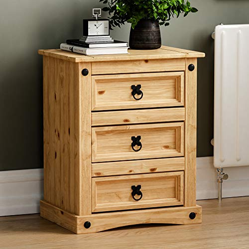 Vida Designs Corona - Mesita de noche, 3 cajones, madera de pino maciza