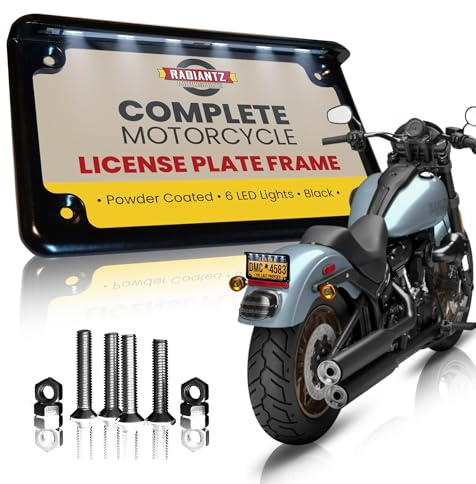 Radiantz Motorcycle License Plate Frame with 6 White LED Lights, Slim Design Aluminum Metal Plate Holder, Universal Fit Powder Coated Weather Resistant Tag Frame for Motorcycles Front or Rear – Black
