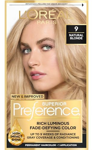 L'Oreal Paris Superior Preference Luminous Fade-Defying Permanent Hair Color, Hair Dye For Up to 9 Weeks of Radiance, Natural Blonde 9, 1 Hair Dye Kit