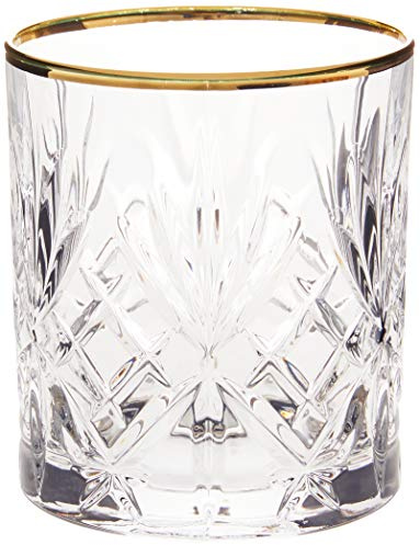 Lorren Home Trends Siena Collection Crystal Double Old Fashion Beverage Glass with Gold Band Design, Set of 4,10 FL OZ