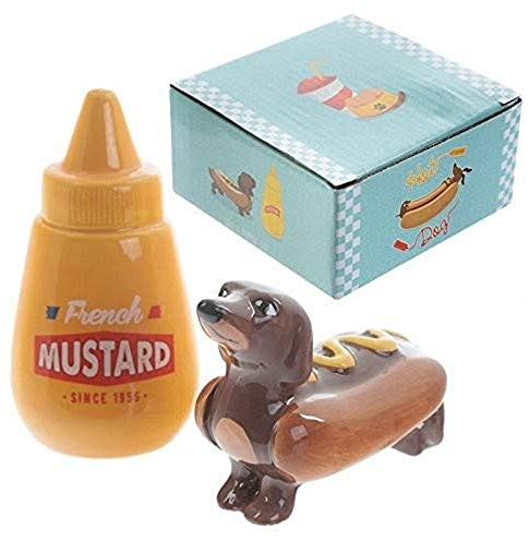 Puckator Ensemble Saliére & Poivriére Fast Food-Hot Dog Teckel Chien Saucisse Moutarde Saleros y pimenteros, Cerámica, Multicolor, único