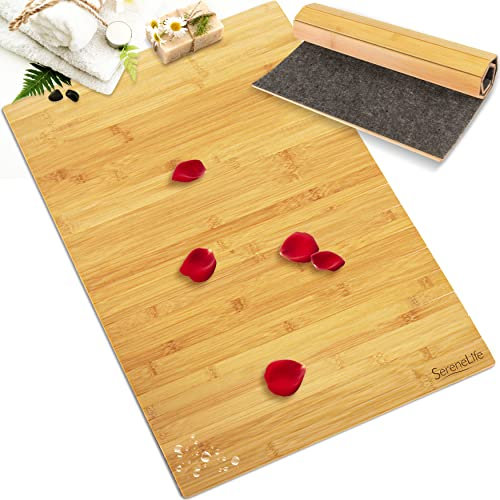 SereneLife Natural Bamboo Bath Mat, Wood Bath Mat, Wooden Waterproof Non Slip Bamboo Shower Mat Carpet Rug, Foldable Roll Up Bamboo Floor Mat for Bathroom, Sauna, Spa, Pool, Kitchen, Tub, Shower, Door