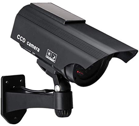 F FINDERS&CO Dummy Solar Security Camera, Bullet Fake Surveillance System with Realistic Red Flashing Lights and Warning Sticker Indoor Outdoor (1, Black)