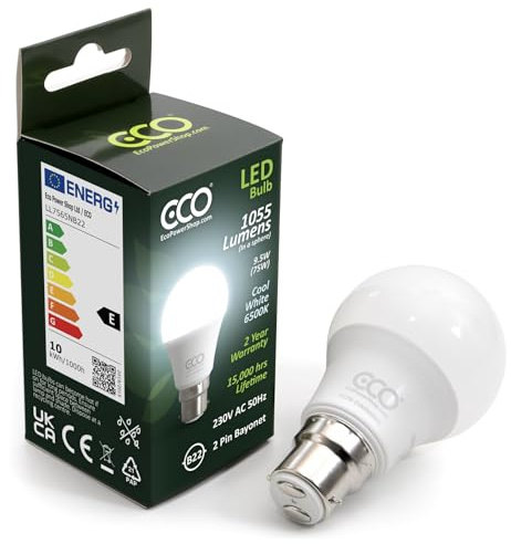 ECO 75W Equivalent B22 Bayonet Energy Saving LED Light Bulb, Low Energy 9.5W LED, 1055 Lumens, Cool White 6500K, Non-Dimmable, 15,000Hrs Lifetime.
