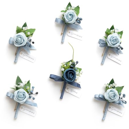 Ling's moment Boutonniere for Men, 6pcs Groom Groomsmen Boutonniere, Artificial Flowers for Wedding Decor/Prom/Homecoming, etc.Dusty Blue Light Blue