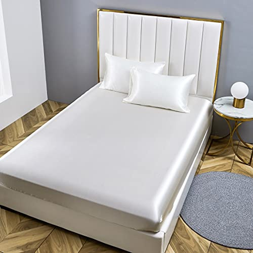 Damier Spannbettlaken 100x200cm Weiß Satin Seide Glänzend Bettlaken Hochwertiges Deluxe Unifarben Spannbetttuch, geeignet für Matratzen bis 30cm