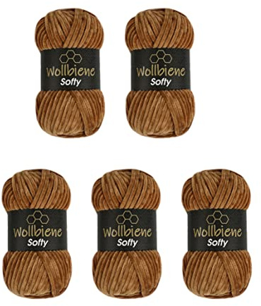 Wollbiene Softy 5 x 100 gram chenillull för virkning ull för stickning, babyull, 500 gram chenille-ull, super bulky crochet garn (chokladbrun 23)