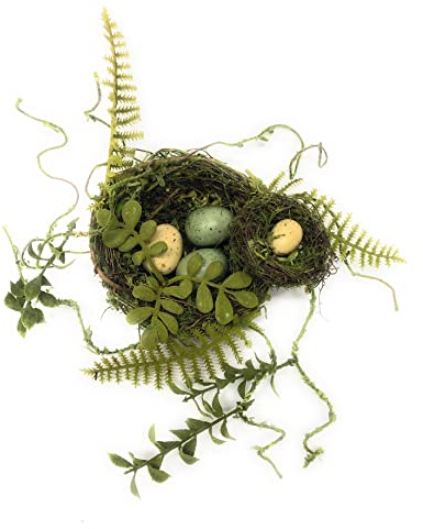 Artificial Moss Covered Twig Double Bird Nest with Fern and Vine Accents. Moss Green Color. with 4 Eggs, 2 Blue 2 Cream.
