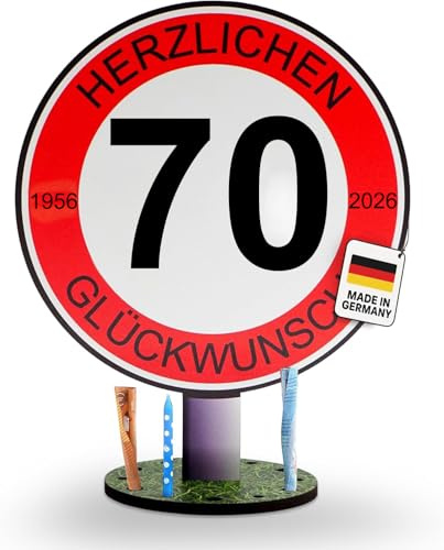 DARO Design - Verkehrsschild 70 Jahre Herzlichen Glückwunsch - 20cm Groß - Verkehrszeichen Geburtstag, Jubiläum, Schild, Holz