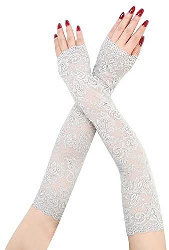 Lace Gloves for Women, Floral Ladies Long Fingerless Gloves UV Protection Lace Arm Sleeves Summer Driving Gloves for Halloween Wedding Prom Opera Tea Party