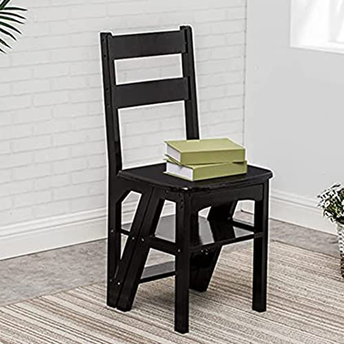 Hamankim Ladder Chair Wooden Ladder Stool 4 Steps Folding Stairs Chair Stepladder Combination Home Library Climb Ladder Step Stool Black