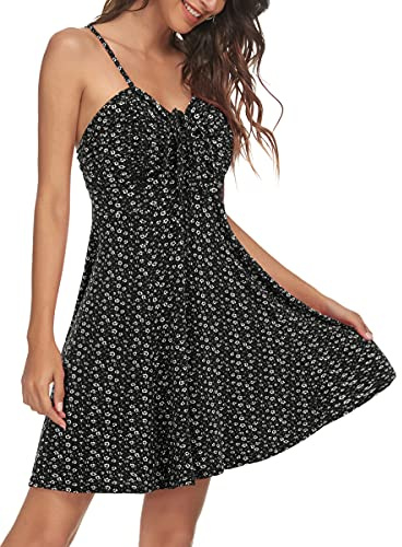 Missufe Abito Estivo da Donna, Swing, A Fiori, Abito da Tempo Libero, con Spalline Sottili, Abito Cami, Nero , L
