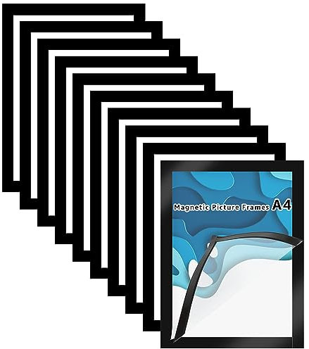 AKOLAFE 10 PACK Magnetic Picture Frame A4 Magnetic Photo Peel and Stick Picture Frames A4 Black Poster Snap Frame Clip Frames for Paintings, Photos