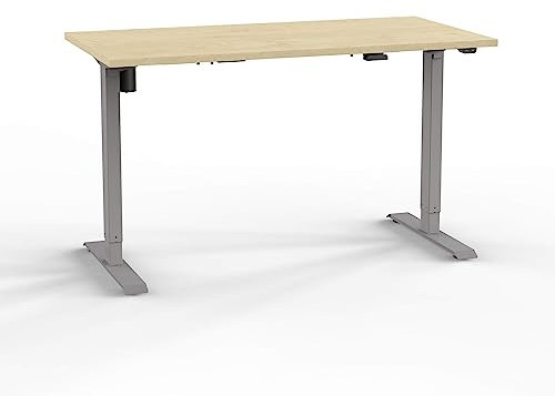 Eigentlich Schreibtisch elektrisch höhenverstellbar von 73,5-123,5 cm, Tischgestell Silber, Kufen rechteckig, Bürotisch ergonomisch, Steh-Sitz-Arbeitsplatz (Ahorn, 140 x 80 cm)