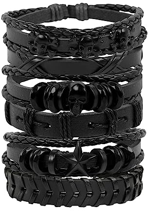 Manfnee 6PCS Geflochtenes Lederarmband für Männer Frauen Holzperlen Manschette Wickelarmband Einstellbar