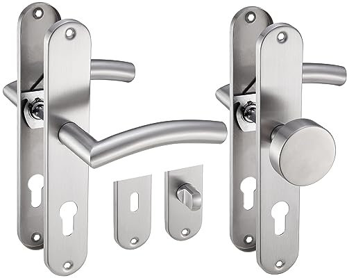 Stahlia Langschild Drückergarnitur Edelstahl gebürstet ELLA | PZ - Profizylinder mit Knauf | Türbeschlag für Innentüren, Zimmertüren, Eingangstüren für Türstärke 20 – 47 mm | Befestigungsmaterial