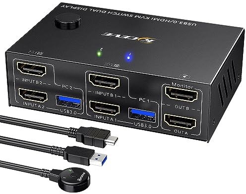 HDMI KVM Switch 2 PC 2 Monitor 4K@60Hz 2K@144Hz, Simulation EDID, Commutateur KVM 2 écrans Pour 2 PC Partageant 2 Monitor et 4 Ports USB 3.0,Souris Clavier, Télécommande filaire et 4 Câbles Inclus
