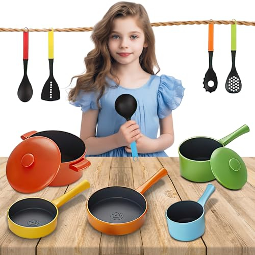 Koolbitz 12 PCs Toy Kitchen Play Sets for Kids, Colorful Pretend Play Pots, Pans & Utensils Set, Role Play Cooking Accessories, Complete Cookware Playset Gift for Children 3+ Years